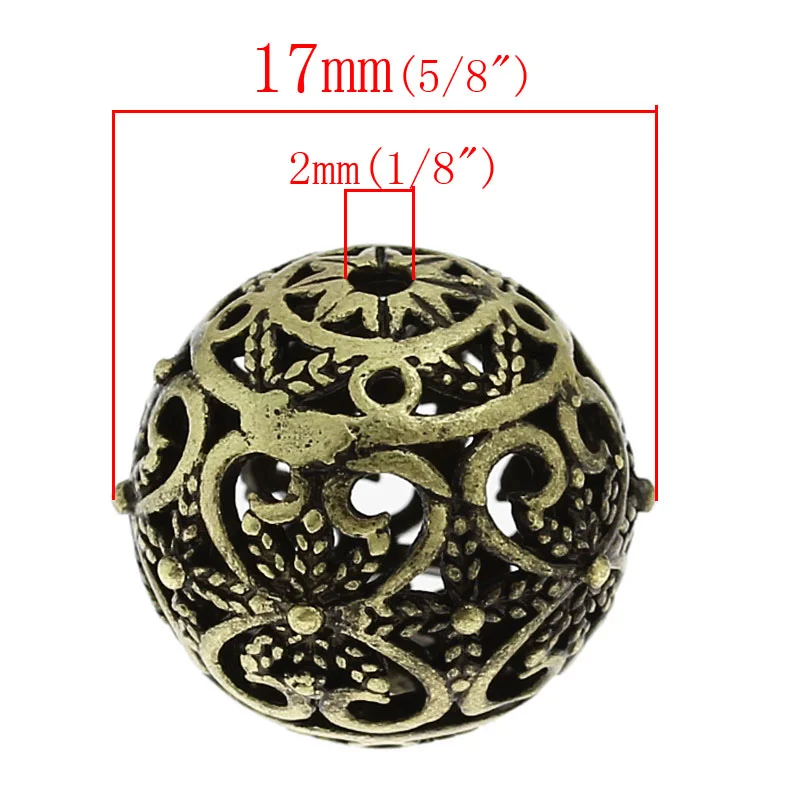 Spacer Beads Doreen Box Copper Round Antique Bronze Flower Pattern Hollow 17mm x 16mm For DIY Jewelry Making Hole:2mm 5PCs