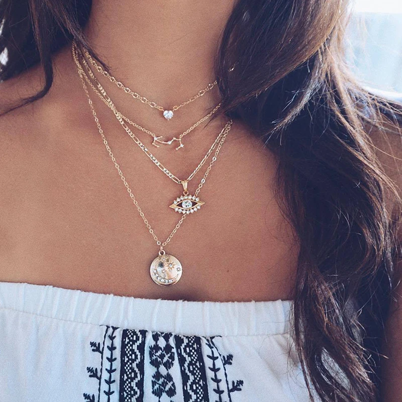 

Women Gold Choker Eyes Crystal Stars Moon Round Hearts Multilayer Necklace Charm Party Wedding Jewelry Accessories
