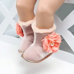 Детские ботинки для новорожденных мальчиков и девочек с мягкой подошвой и цветком, теплые Нескользящие ботинки для детей 0-18 месяцев