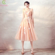 SSYFashion/Новинка; милое Персиковое коктейльное платье длиной до середины икры с кружевной аппликацией; вечерние платья; Платья для особых случаев; Robe De Soiree