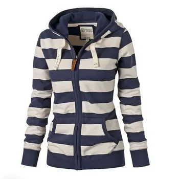 

Fengguilai New High Street Style Women Coat Ladies Zipper Tops Hoodie Hooded Striped Coat Jacket Casual Slim Clothes