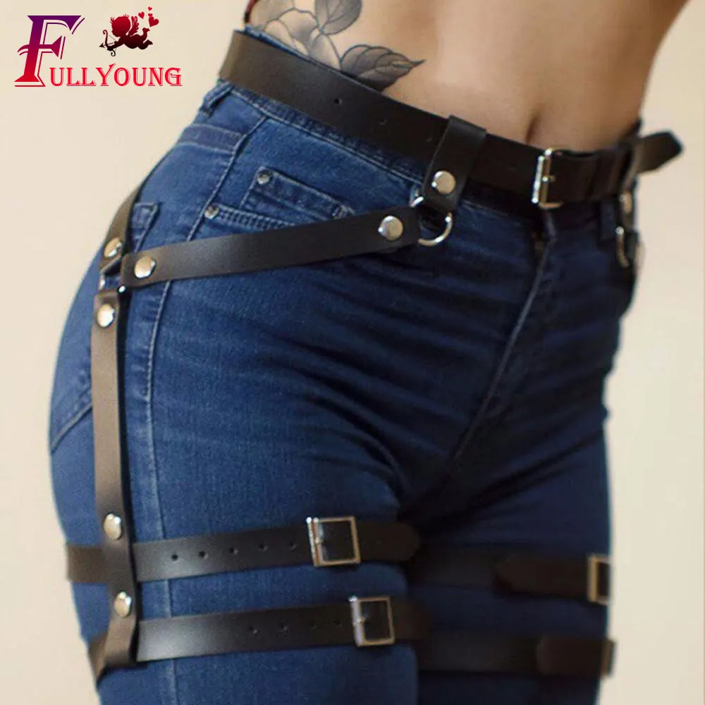 

Fullyoung Harajuku Handmade Erotic Accessories Leather Gar Punk Bow-knot Garter Belts Leg Ring PU Adjustable Stock Fashion Women