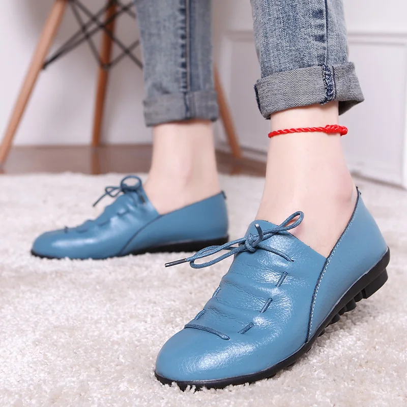 Genuine Leather Women Soft Flats Women Retro Round Toe Solid Light Loafers Slip-on Party Causal Flats Mother Shoes Size 35-40 (6)