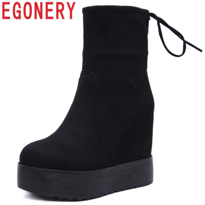 

EGONERY zapatos mujer winter new concise round toe super high wedges platform lace-up flock shoes women outside warm ankle boots