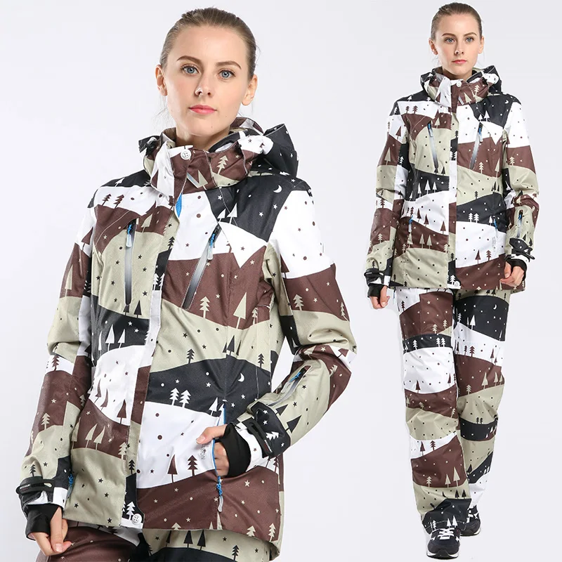 Invierno impresión mujer traje de esquí traje de chaqueta y pantalón ciclismo traje Snowboard ropa caliente suave traje de esquí de las mujeres