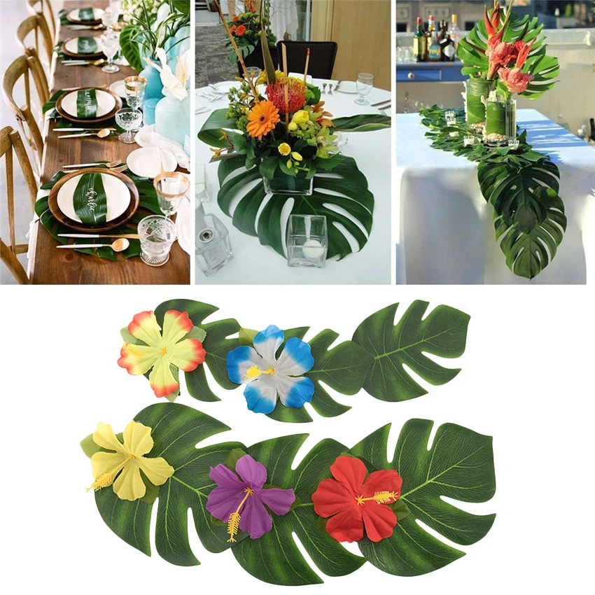 

12/24pcs Fabric Artificial Tropical Palm Leaves Hawaiian Luau Party Green Leaf Jungle Beach Theme Party Decorations