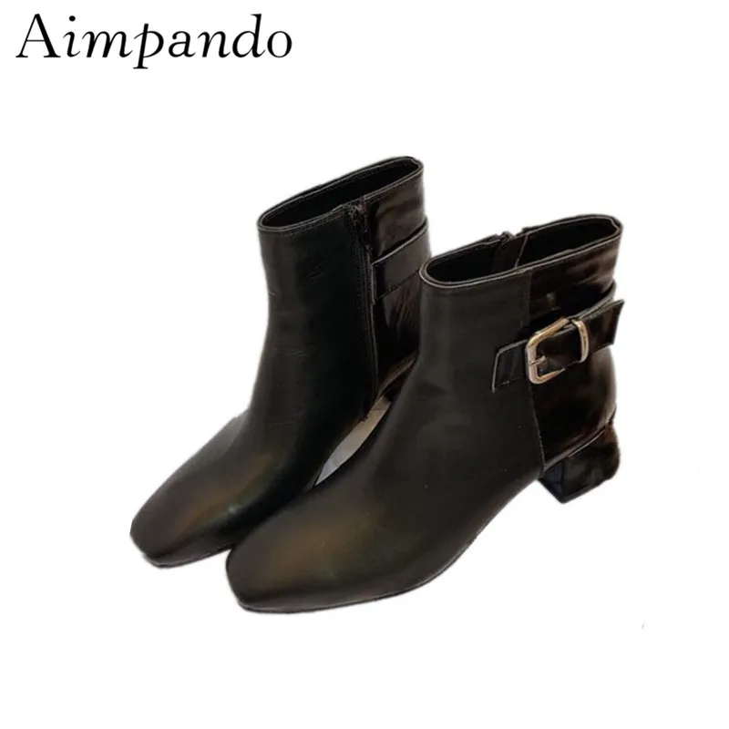 

Black Genuine Leather Ankle Boots Women Squre Heel Square Toe Horsehair Zip Buckle British Short Booties