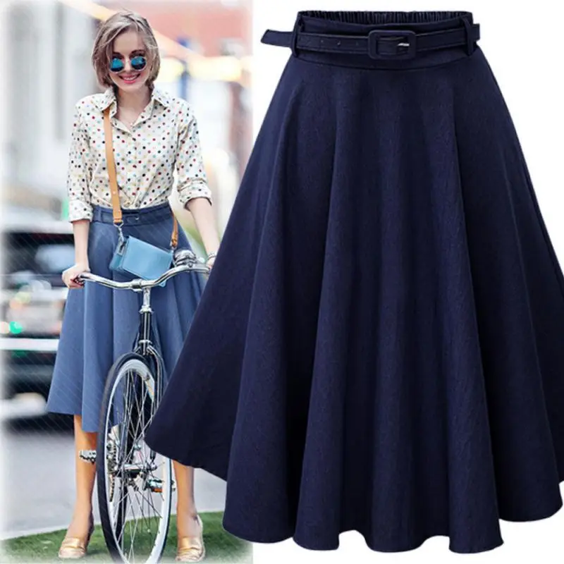 

2019 Summer Autumn Women Denim Jeans Skirts A line Casual Skirt High Elastic Waist Streetwear Midi Pleated Female Clothing