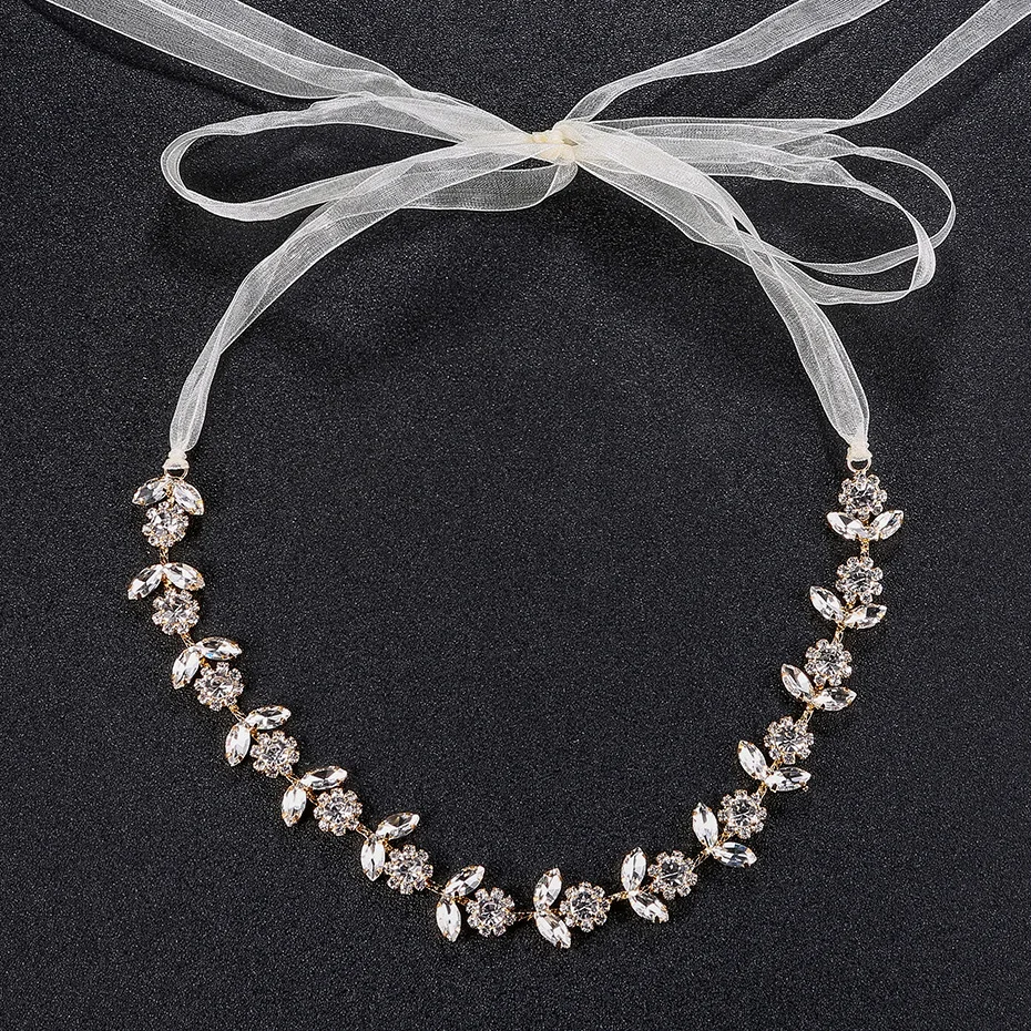 

SLBRIDAL Handmade Gold Crystals Rhinestones Ribbon Wedding Hairbands Bridal Headband Hair accessories Fashion Women Jewelry