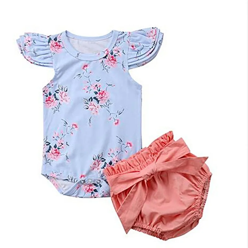 

New Infrant Babyborn Baby Girl Floral Romper + Bowknot Shorts Pants Outfits Clothes Set