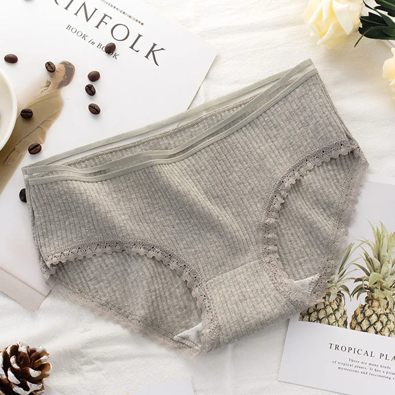 Women's Cotton Panties Female Striped Breathable Briefs Sexy Lace Decoration Underwear Women Plus Size L XL XXL Lingerie Intimates  (5)