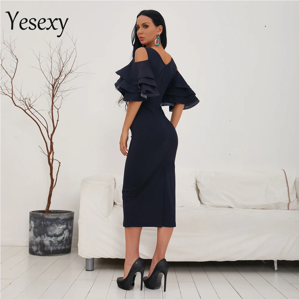 Yesexy, Vestidos Verano, сексуальное платье с открытыми плечами, глубоким v-образным вырезом, рюшами, бабочкой, коротким рукавом, женское элегантное платье для вечеринки, TB0023-1