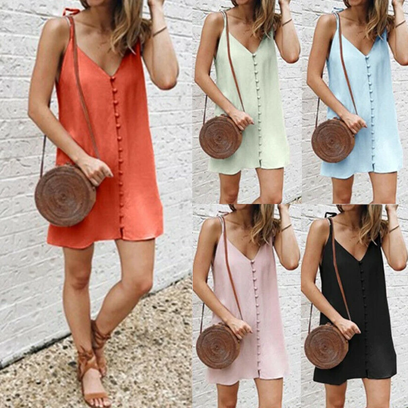 Women Sexy V-Neck Beach Dress Strappy Button Bikini Cover Up Dress Lady Casual Loose Sundress Cover-Ups Beach Wear Tunic Dresses