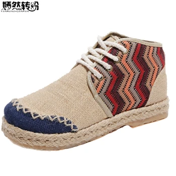 

Vintage Women Linen Shoes Thai Indian Embroidered Cotton Canvas Cloth Single Handmade Hemp Woven Round Toe Lace Up Shoes Woman