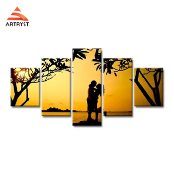 

5 pieces modern home decoration sunset beach couple love poster HD printed on the canvas wall art picture for the living room