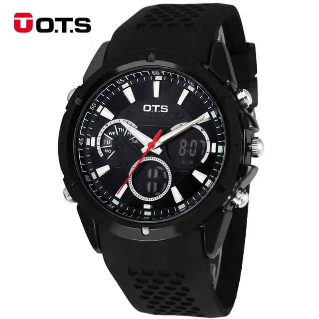 

OTS Sports Watch dual time Auto Date Day LED Alarm Black Rubber Band Analog Quartz Military Men Digital Watches relogio