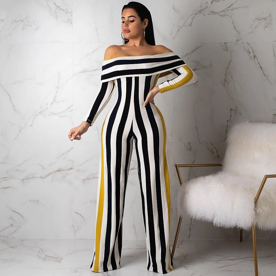 

Summer 2019 hot style, stylish African national style, sexy, striped, one-shoulder, long-sleeve, jumpsuit