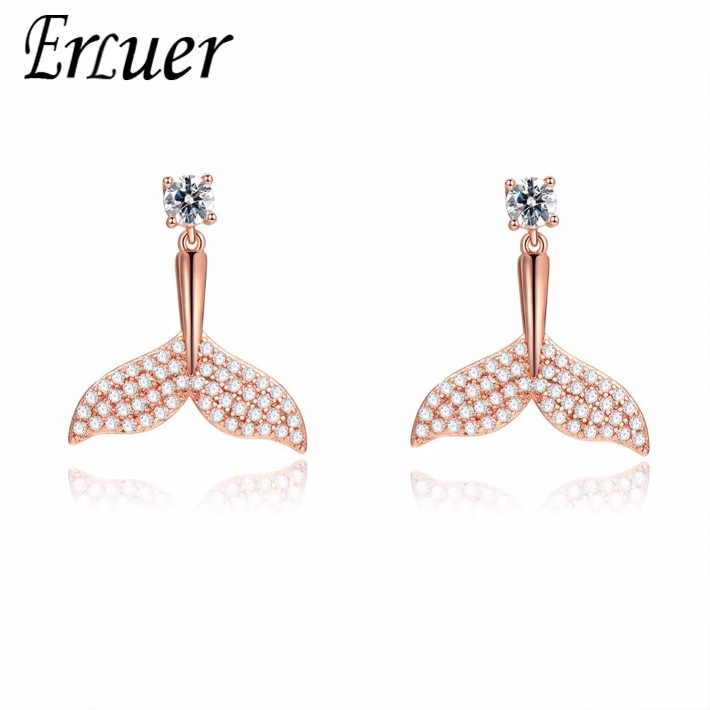 

ERLUER Trendy Mermaid tail Drop Earrings For Women Wedding Jewelry Rose Gold Silver Zircon Charm sea style Earring Girl Gift
