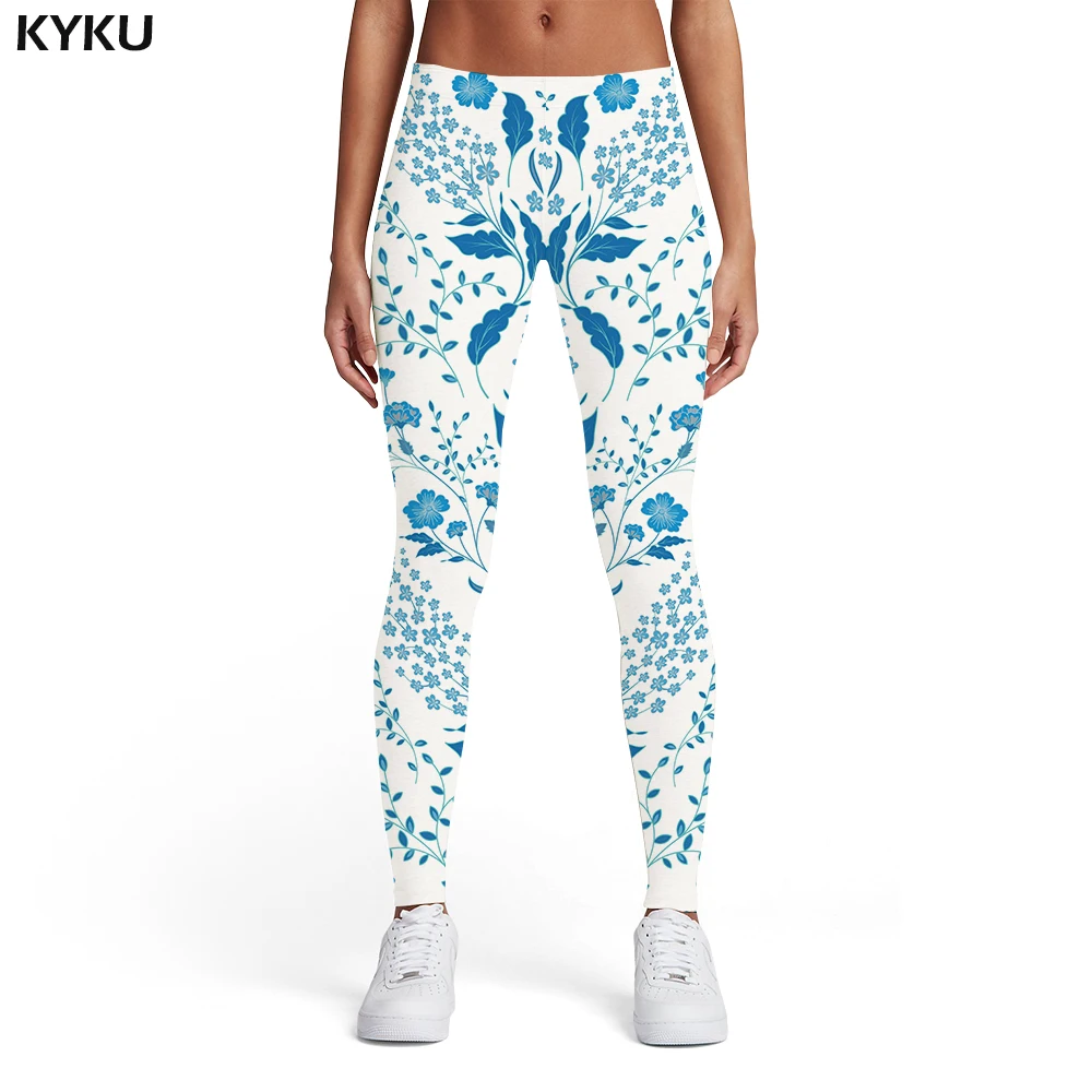 

KYKU Brand Blue And White Porcelain Leggings Women Flower Sport White Trousers Harajuku Ladies Art 3d Print Fitness Jeggins