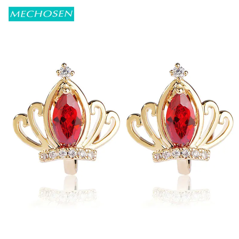 Женские серьги-клипсы с короной MECHOSEN золотистые серьги красным кристаллом без