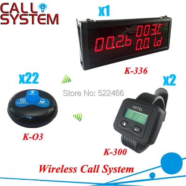 

Restaurant Table Call System with 22pcs 433.92mhz transmitter buttons, 2 watches and 1 display, shipping free