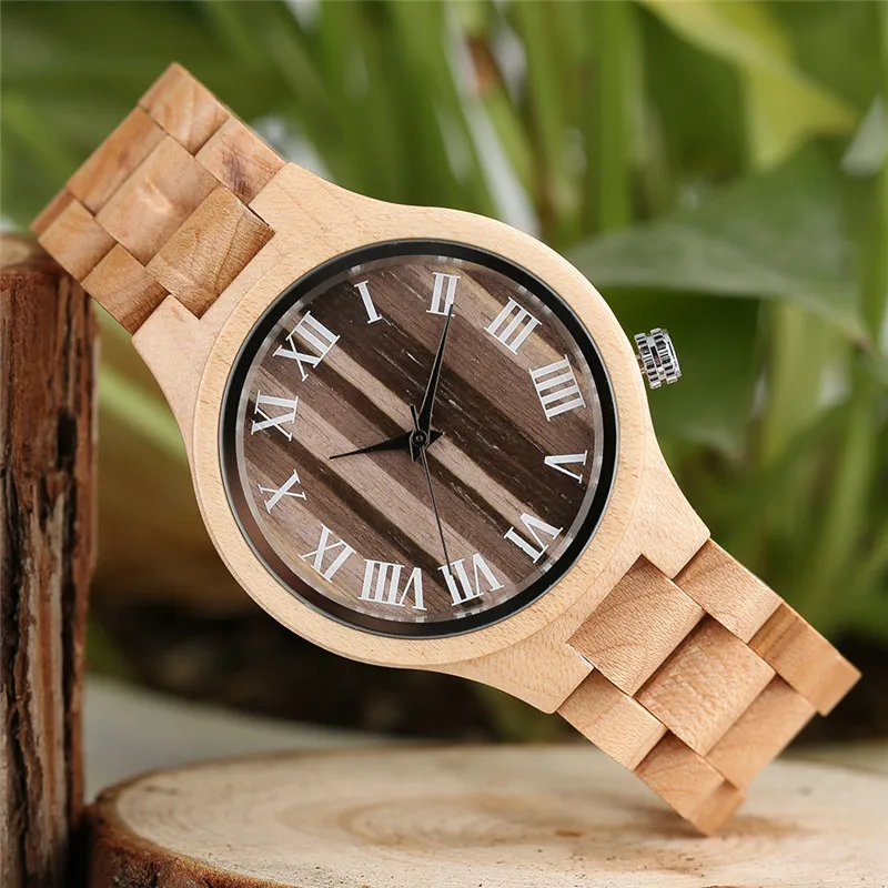 Ручной работы Для мужчин деревянные кварцевые наручные часы Мода Для мужчин кварцевые наручные часы в полоску Роман набора номера застежка браслета дерево Часы подарок