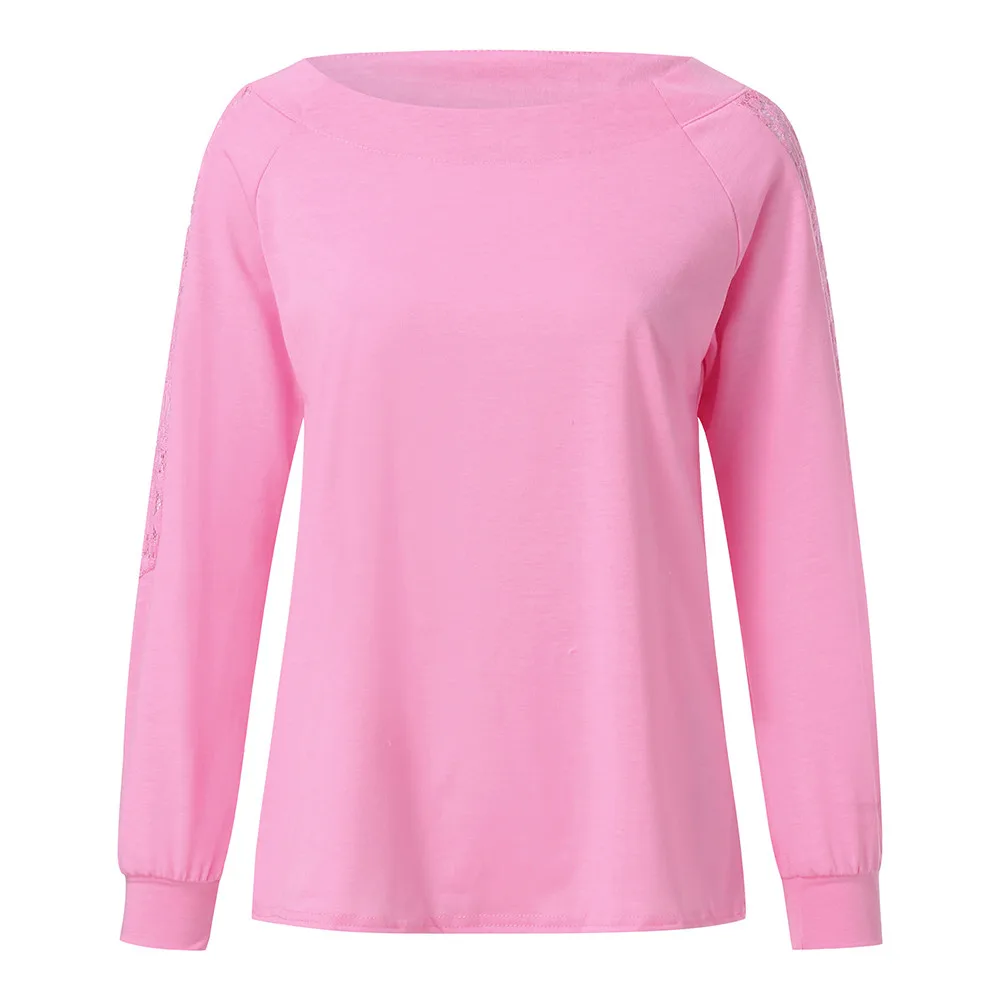 Feitong, женские кружевные топы с длинным рукавом, блузки, женские одноцветные Кружевные блузы с вырезами, свободные блузки, топы, blusas mujer de moda - Цвет: Pink