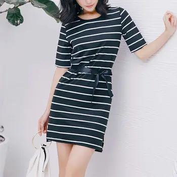 

New Women Casual Short Sleeves Sexy Long Black&White Stripes Dress for Holiday hot sale