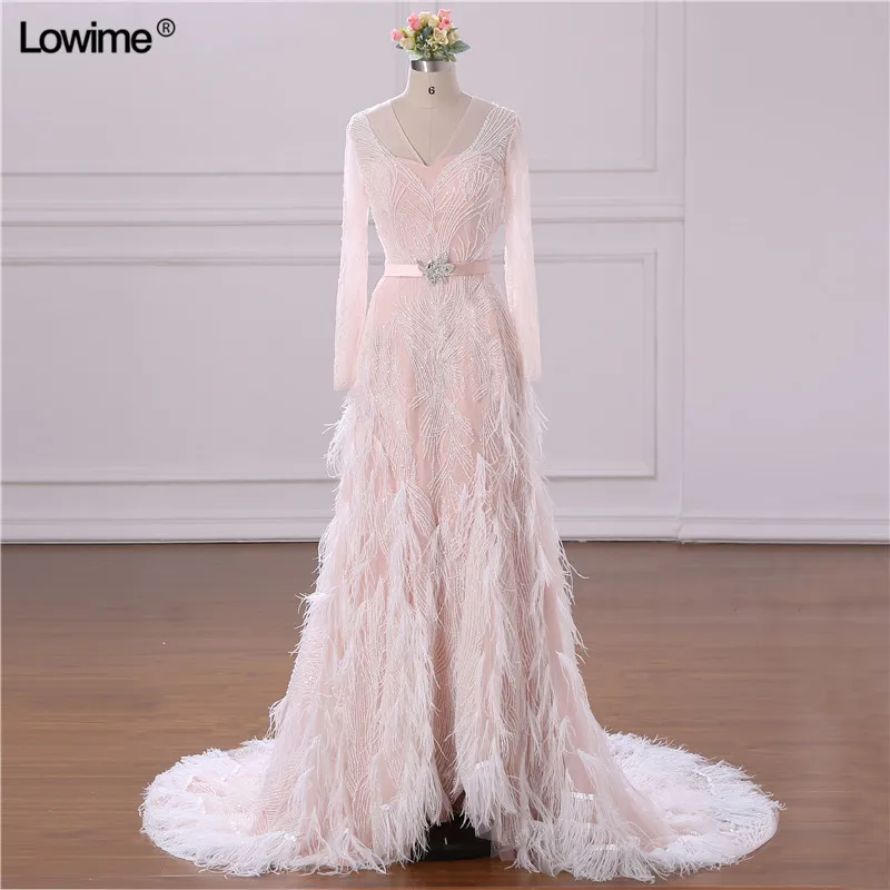 2018 New Custom Made A-line Evening Dresses Gown Long Sleeves Beading Feather Court Train Prom Dress Long (2)