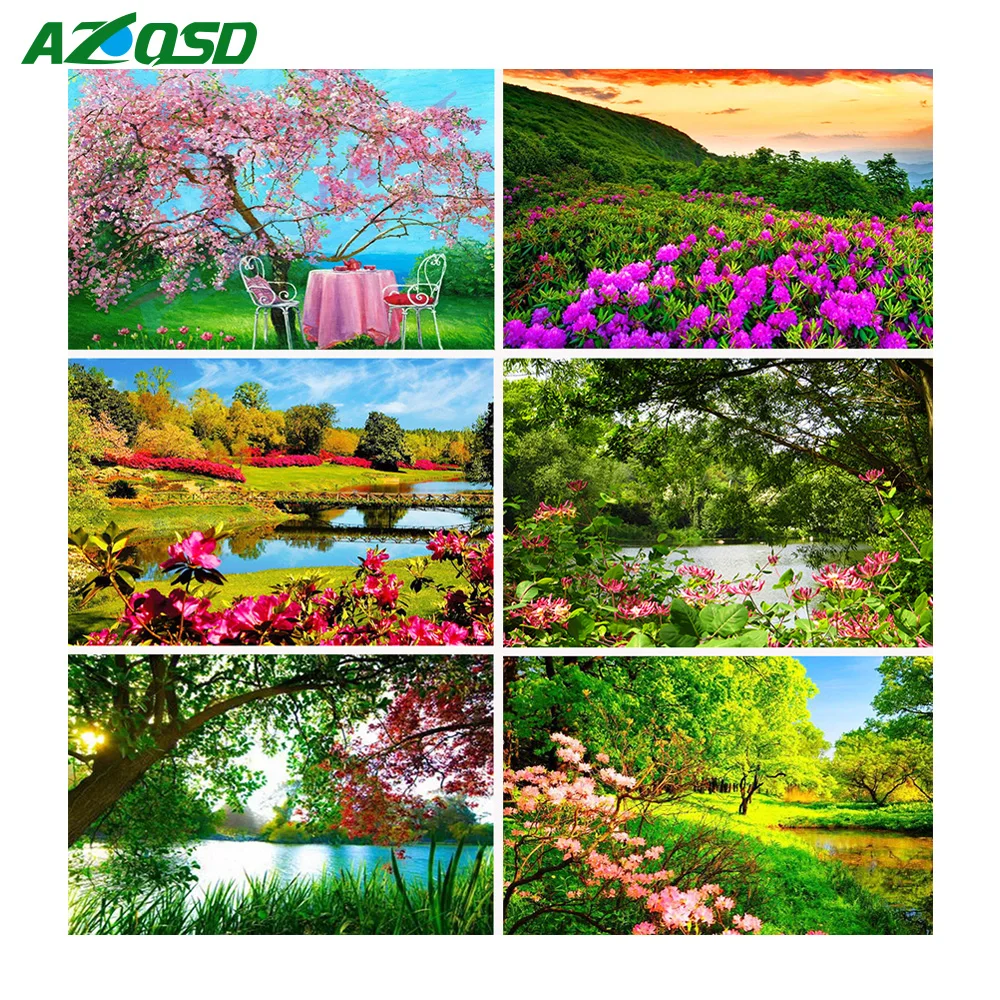 

AZQSD Diamond Painting Cross Stitch Scenery Paintings of Rhinestone Full Square Diamond Embroidery Spring Landscape Needlework