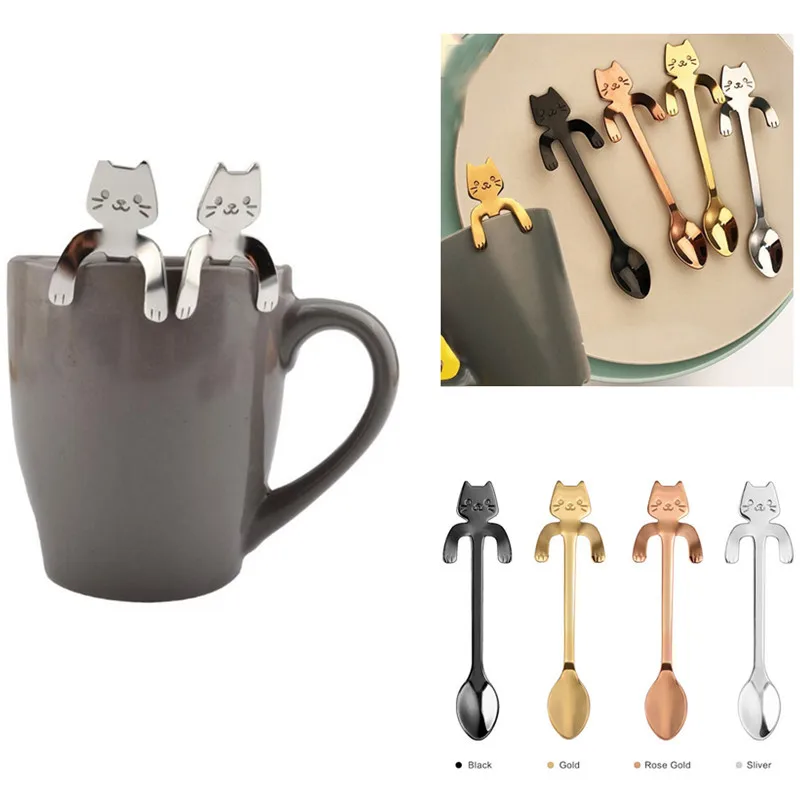 

2019 Creative Stainless Steel Cute Cartoon Cat Spoon Long Handle Spoons Flatware Coffee Tea Drinking Tools Kitchen Gadget #45