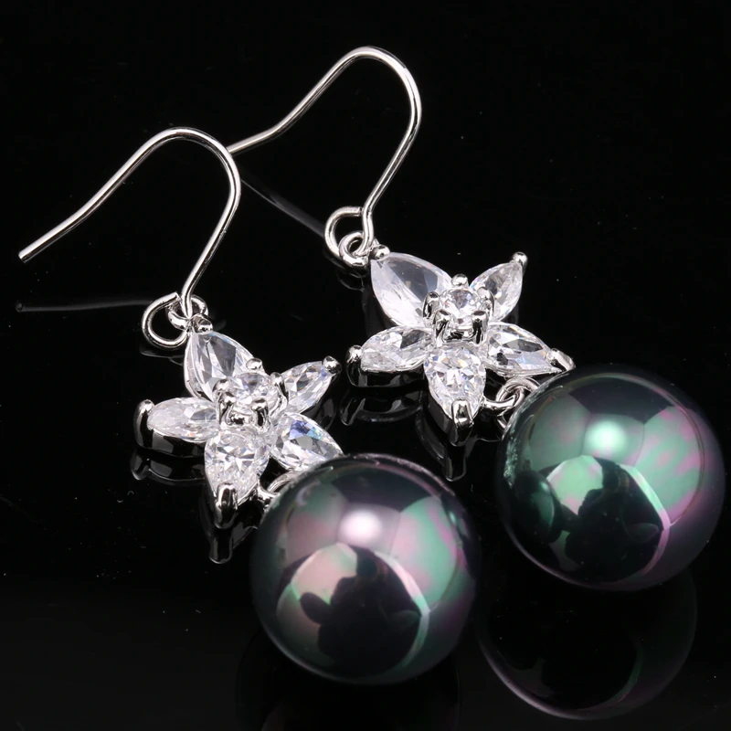 Дорогостоящие черный жемчуг Белый кубический цирконий цветы Форма 925 серебро