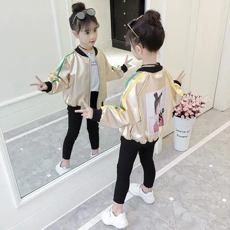 

INS HOT girls jacket 3-13 years old Round neck thread cuffs Baseball uniform Patch beauty spring and autumn coat gold and silver