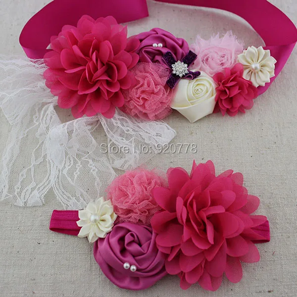 8setlot sash and matching headband Fuchsia Ivory and pink Maternity or flower girl Newborn sash Pregnancy photo prop