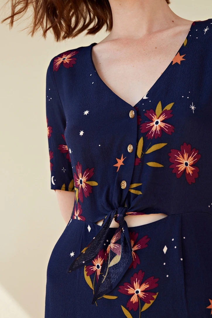 

Elfbop Viscose 100% Ladies V Neckline Printed Midie Dress Features Button Front Closured With Ties Ends & Waist Peephole