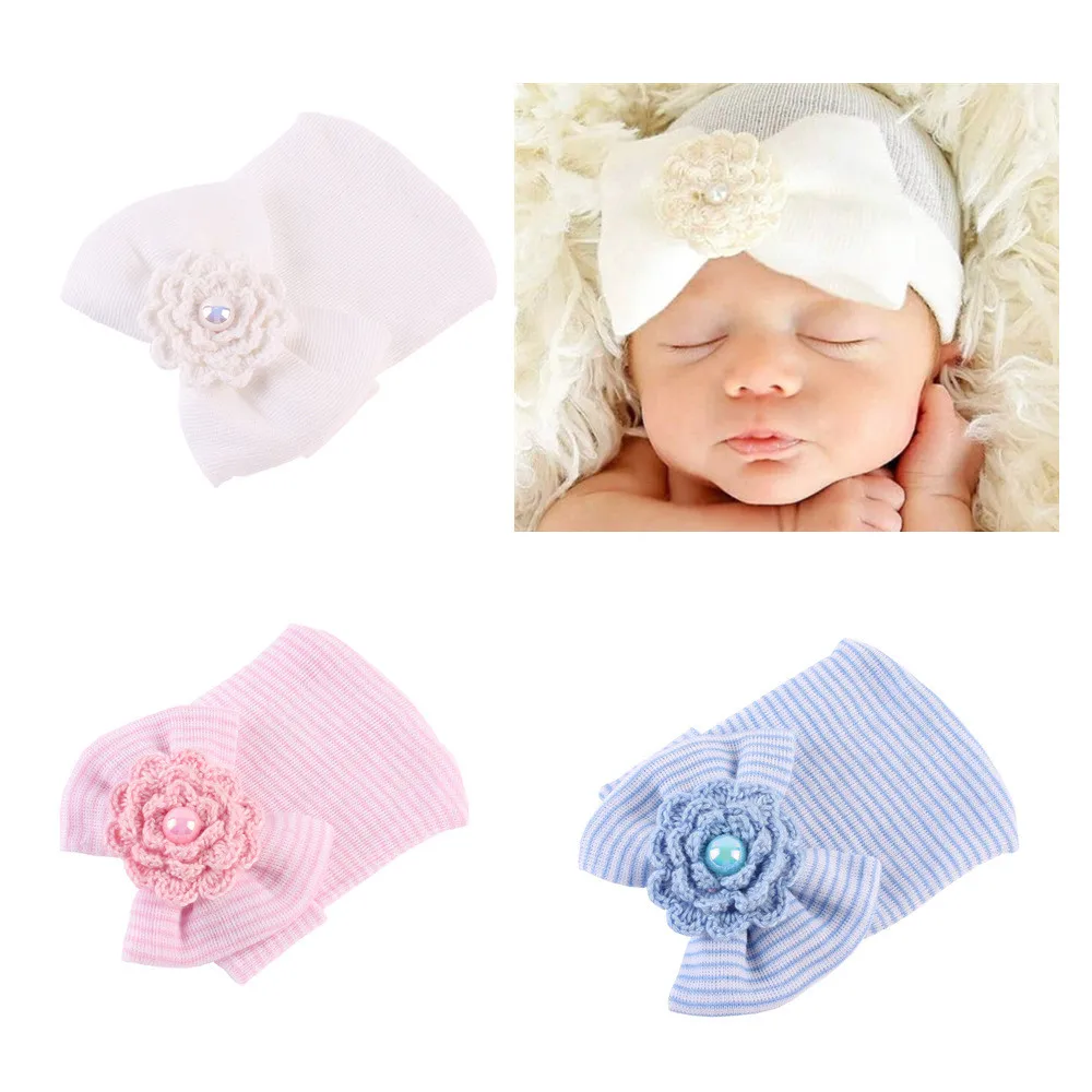 1PC Hospital Newborn Hat Baby Girl Cotton Beanie With Bow Sombrero Soft Knit Infant Striped Caps