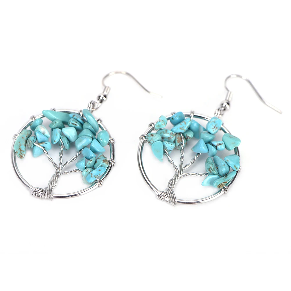 Women Copper Wire Wrap  Crystal Quartz Chip Bead Tree Of Life Hook Earrings Gift