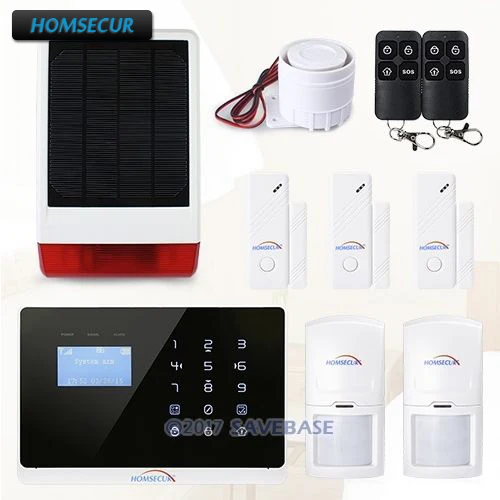 

HOMSECUR Wireless&Wired GSM/PSTN Home Burglar Alarm + Solar Powered Flash Siren with EN & FR menu adjustable