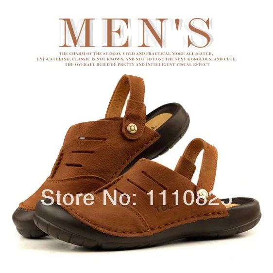 

Free shipping 2014 Summer head layer cowhide hollow men slippers, breathable and comfortable beach shoes
