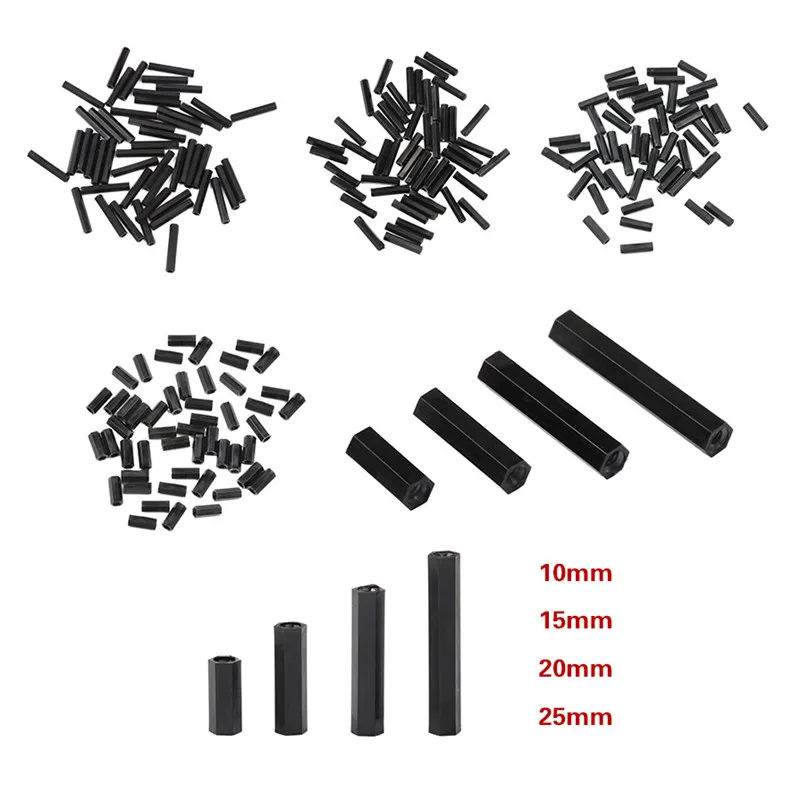 

50Pcs M2 25mm/20mm/15mm/10mm Black Hex Nylon Standoff Spacer Column Flat Head Double Pass Nylon Plastic Spacing Screws Kit