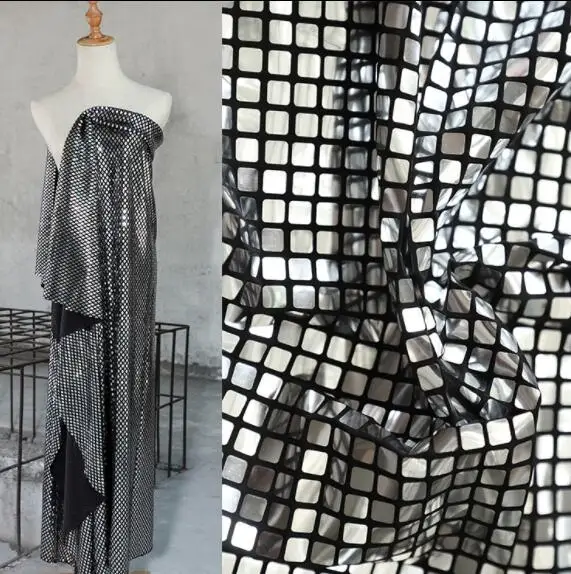 

Two style Elastic metal cube complex lattice coated textiles fabric sequins laser lace wedding gauze party tweed fabric A422
