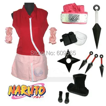 

Free Shipping! Naruto Haruno Sakura Coat, skirt, leggings, Arm sleeve, headband, Black And White Arms package, bag, Shoes