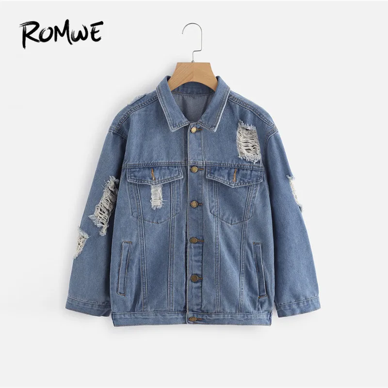 ROMWE Bleach Wash Ripped Denim Jacket Fall Women Blue Bleach Jean