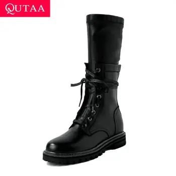 

QUTAA 2020 Genuine Leather Round Toe Warm Fur Fashion Mid Calf Boots Low Heel Lace Up Zipper Casual Women Long Boots Size 34-43