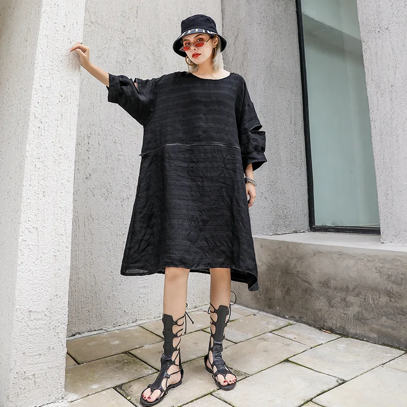 

Women Summer Short Sleeve Oversized Loose Casual Zipper Spliced Black Dress Female Streetwear Hip Hop Punk Gothic Striped Dress