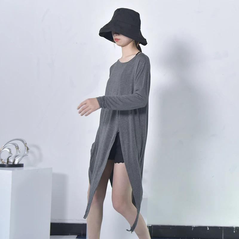 DEAT летний круглый воротник длинный рукав серый асимметричный подол индивидуальность Топ Мода волна Корейская женская футболка
