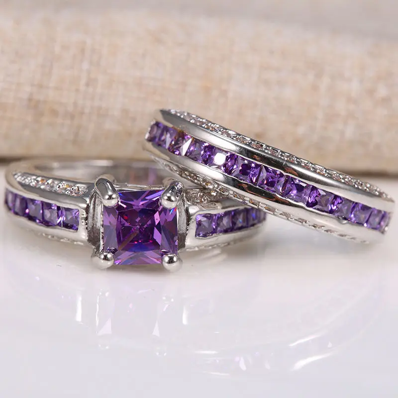 Модные кольца, инкрустированные кристаллами, площадь, фиолетовый камень, принцесса, набор колец, Дамская мода, полный циркон, обручальное кольцо, ювелирное изделие, подарок