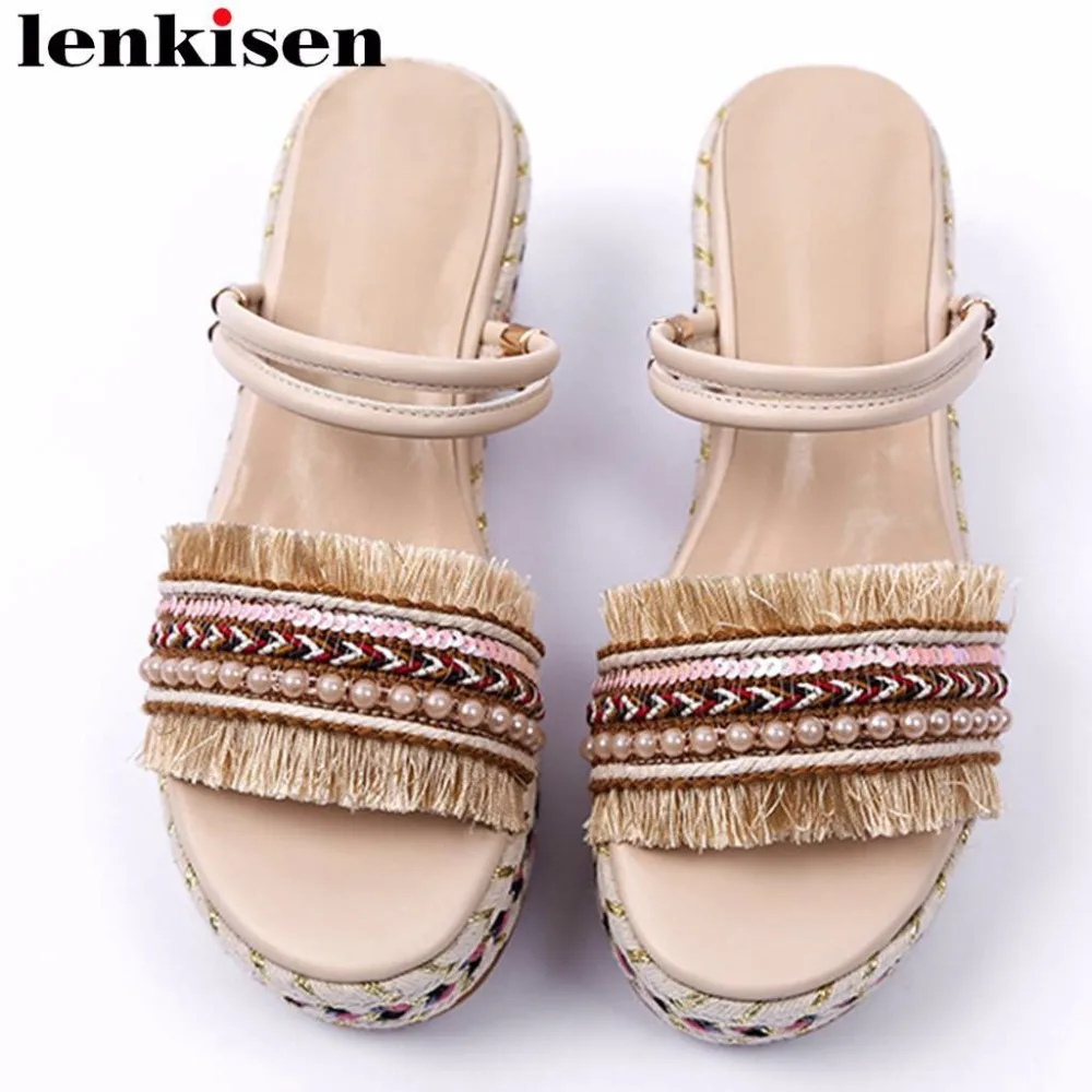 

Lenkisen Ethnic ocean style peep toe slip on women sandals high heels modern girls fashion show wedges platform daily shoes L21