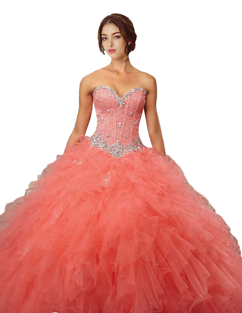 Peach Color Quinceanera Dress Ball Gown Ruffles Organza Crystals Beaded Lace Up Back Sweet 16