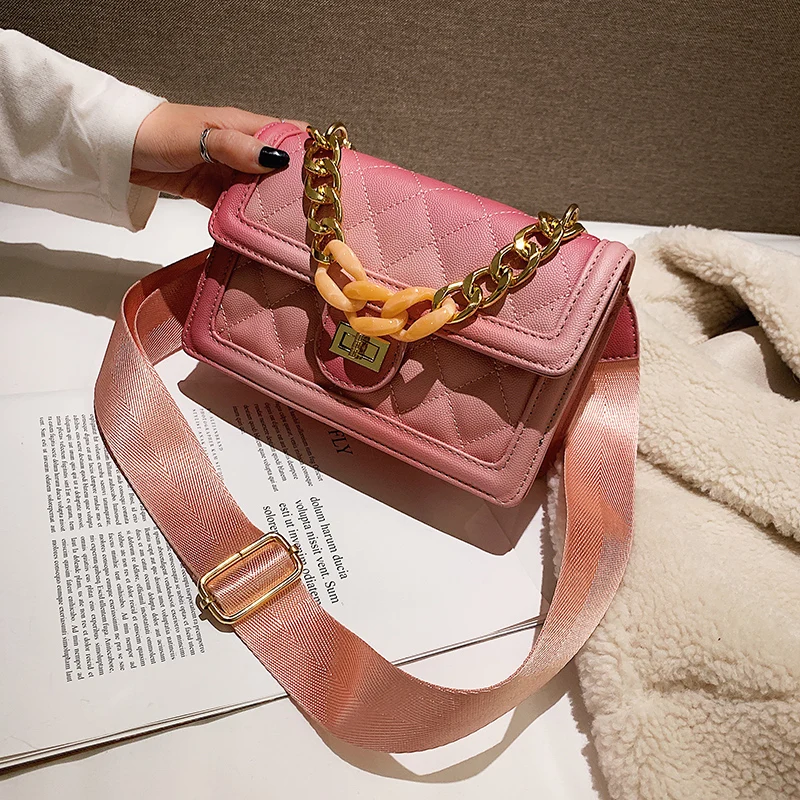 

High quality designer small satchels wide straps ladies clutch Acrylic chain pink purses and handbags pu leather Rainbow bag